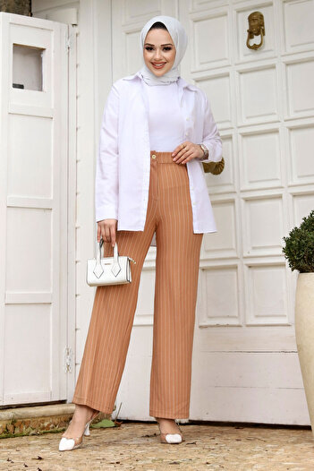 Tesettür Dünyası Wide Leg Striped Trousers TSD240115 Tan