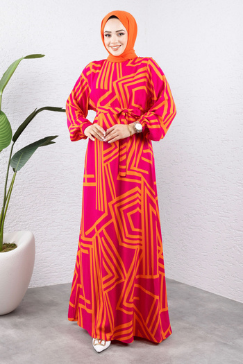 Tesettür Dünyası Stripe Patterned Viscose Long Hijab Dress Tsd240943 Orange