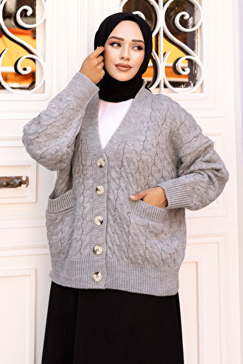 Tesettür Dünyası Gray Knitwear Cardigan - TSD with Buttons and Pockets 240716
