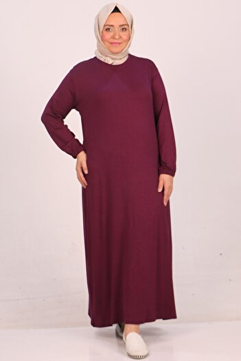 Eslina 22008 Model Large Size Plum Colored Elastic Sleeve Combed Cotton Dress