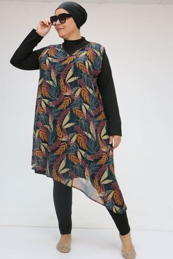 Eslina 1723 Plus Size Long Sleeve Chiffon Pareo Hijab Swimsuit Set - Leaf Pattern Mustard