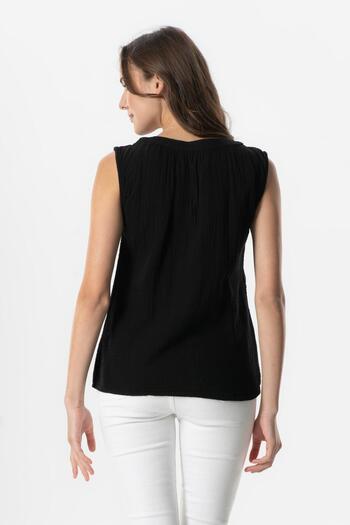 Eliş Şile Bezi Sleeveless V-Neck Berrin Guipure Iyemenserli Mensüblen Blouse - Black