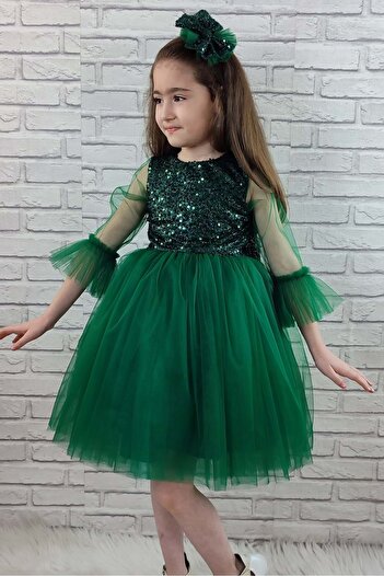 Mnk Sequin Tulle Girl's Dress 0285 Green