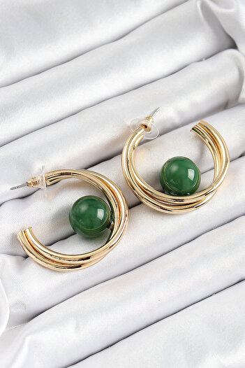 Skygo Brass Gold Color Hoop Model Green Bead Detail Women's Earrings - Tj-Bkp10365