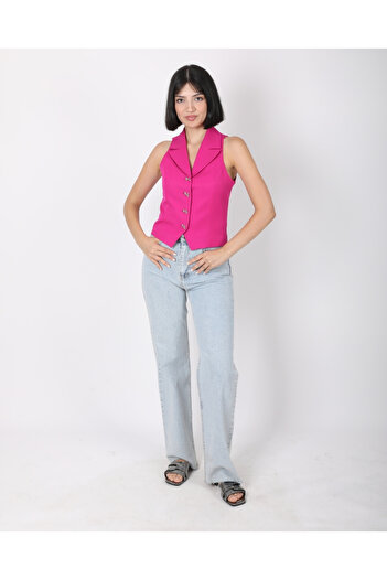 deqfashion Women's Fuchsia Bow Buttoned Blazer Vest