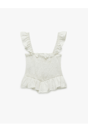 Koton Viscose Fabric Gipeli Textured Square Neck Ruffled Strap Crop Blouse