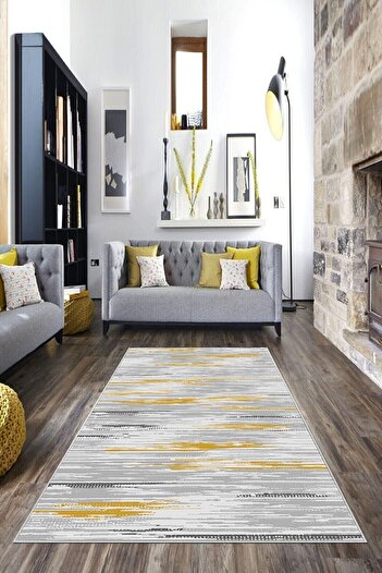 on the clouds Gri Desenli Hardal Detaylı Yıkanabilir Kaymaz Taban Leke Tutmaz Modern Salon Halısı Ve Yolluk