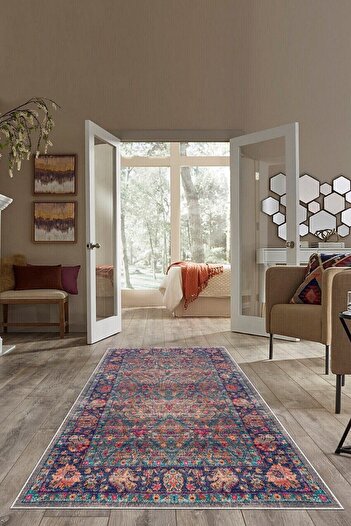 on the clouds Mavi Osmanlı Motifler Eskitme Yıkanabilir Kaymaz Taban Leke Tutmaz Modern Salon Halısı Ve Yolluk