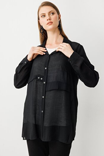 Ekol Women's Plus Size Buttoned Blouse with Necklace and Undershirt 3650 Black
