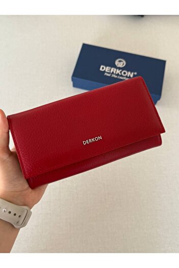 DERKON Genuine Leather Vendy Model Women's Wallet with Plenty of Eyes Red