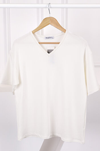 İmajButik Ecru V-Neck Short Sleeve T-Shirt