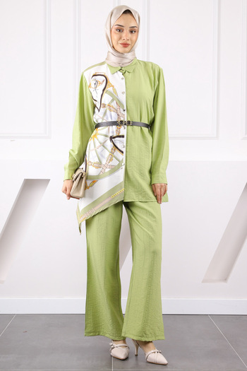 İmajButik Oil Green Patterned Modal Tunic Pants Suit