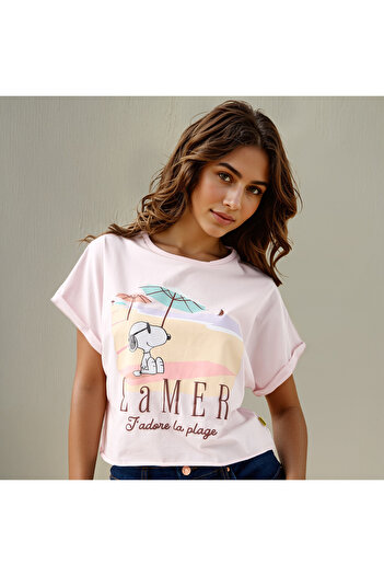 SP Characters Peanuts Print Crew Neck T-shirt with Short Sleeves
