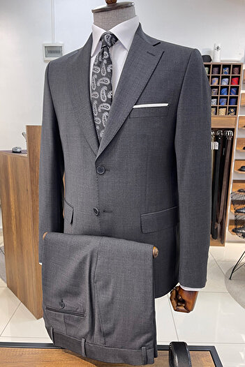 NAZEF Slim-Fit Mono Collar Superior Silk Wool Dark Gray Suit (Premium Six-Star Fabric)