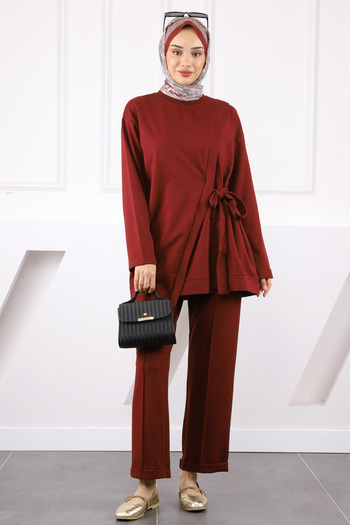 İmajButik Burgundy Asymmetrical Detailed Tunic Pants Suit