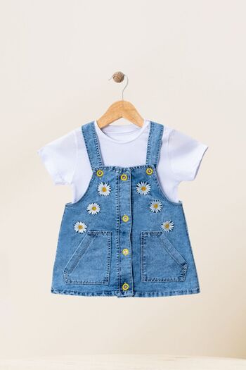 Baby s Breath Flower Girl's Summer Denim Daisy Patterned Pocket Snapback Salopet Strap Denim Dress Gilet