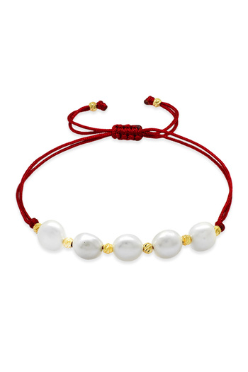 Tesbihane Macrame Braided Natural Cut Red Drawstring Yellow Dorica Ball Decorated Natural Pearl Women's Bracelet