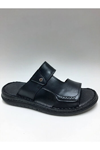 PEKER Genuine Leather Black Daily Open Toe Comfortable Sole Men's Slippers