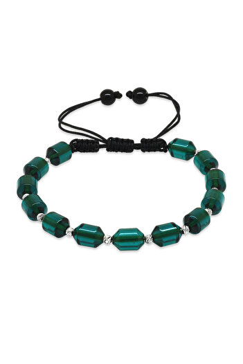 Tesbihane Macrame Braided White Dorica Ball Decorated Turquoise Fire Amber Men's Bracelet