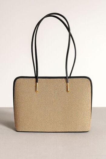 Timeless Straw Textured Shoulder Bag – Black Detailed, Gold Accessories