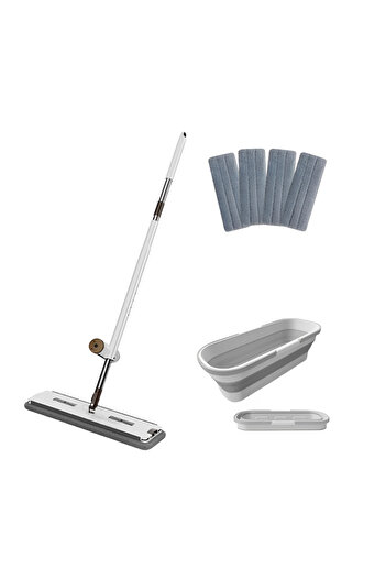 Razo RAZO FLAT MOP WITH WRINCER, FOLDING BUCKET WITH WHEELS, 4 FREE MICROFIBER CLOTHS, 8L