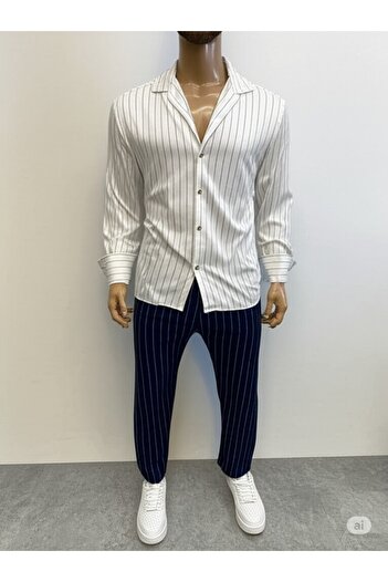 Fifty Color Alaçatı Style Crepe Fabric Line Detail Unisex Shirt and Pants Set