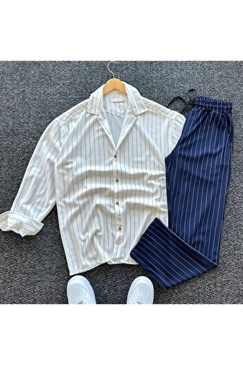 Fifty Color Alaçatı Style Crepe Fabric Line Detail Unisex Shirt and Pants Set