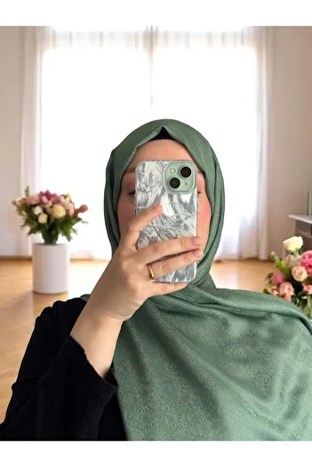 Lavena scarfs Σάλι ζακάρ με λουλουδάτο σχέδιο σειράς Papatya - Πράσινο σκούρο μέντα