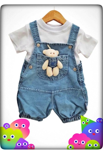 N&N kids Pocket Teddy Bear Jeans Salopet White T-Shirt 2-Piece Jumpsuit Set