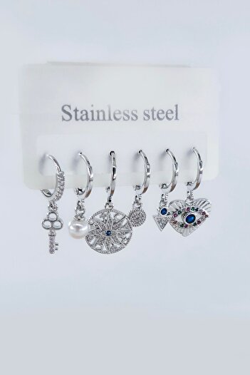 By Zeyna Aksesuar Women's Vip Series Antiallergic Zircon Stone 6-Piece Earrings