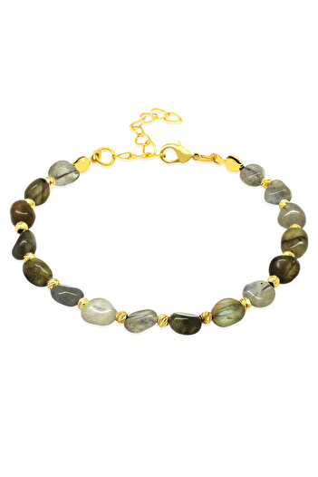 Tesbihane Gold Color Metal Chain Dorika Ball Decorated Amorphous Labradorite Natural Stone Women's Bracelet