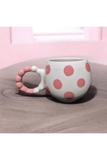 SırART Pearl Handle Pink Polka Dots Pattern Hand Embroidered Ceramic Mug