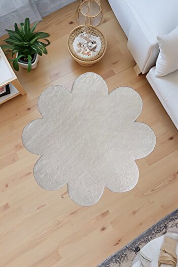 Myevilla Peluş Papatya Halı Kaymaz Tabanlı Yıkanabilir Çocuk & Oyun Odası Salon Halısı Krem 100 X 100