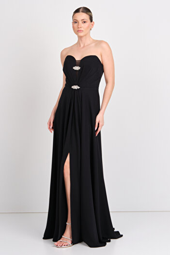 Saygın Women's Strapless Stone Detailed Slit Long Evening Dress 5656 Black