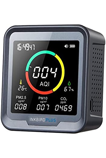 INKBIRDPLUS جهاز مراقبة جودة الهواء الداخلي 6 في 1، يكتشف ثاني أكسيد الكربون، والجسيمات PM2.5، وPM10، ومؤشر جودة الهواء، ودرجة الحرارة والرطوبة