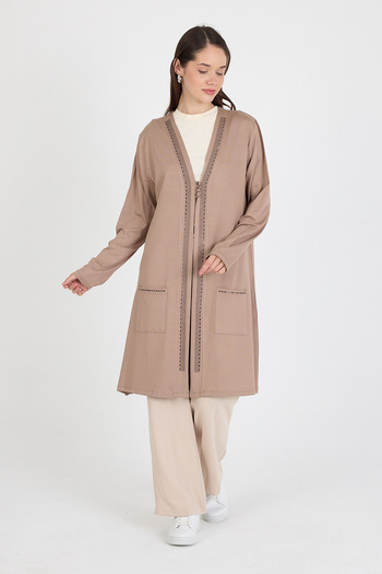 larocci Women's Standard V-Neck Stone Detailed Long Sleeve Vest with Pockets
