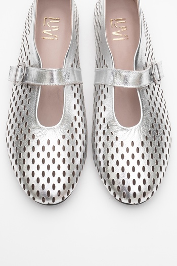 LuviShoes Ari̇an Silver Genuine Leather Perforated Women's Ballerina Shoes