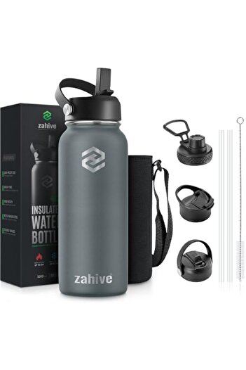 Generic Zahive Stainless Steel Water Bottle 1l with 3 Lids & Bag - Insulated Water Bottle with Straw