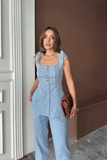 Gökyüzü Moda Slub Linen Vest Looked Suspender Bluz - Pant Tk - Blue