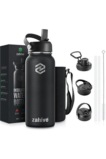 Generic Zahive Stainless Steel Water Bottle 1000ml with 3 Lids & Bag - Insulated Thermos Flask (32oz, Black)
