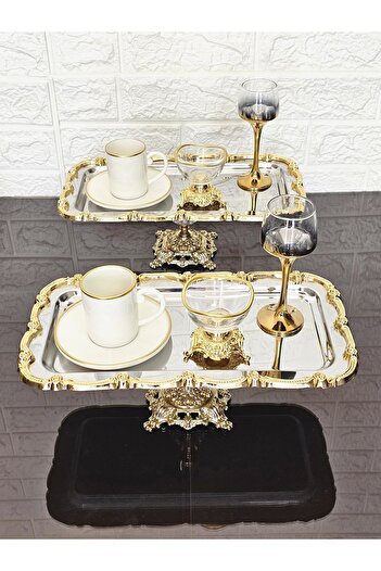 atabey home collection 6 Adet Baton Gümüş Sunum Tepsisi Gold Gül Çerçeveli & Kahve & Çay Tepsisi 32cm