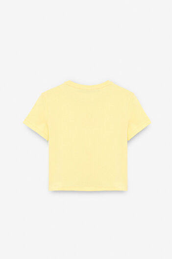 GRIMELANGE ZERAYA Kadın Bisiklet Yaka Kısa Kollu Önde Nakış Detaylı Crop Sarı T-Shirt