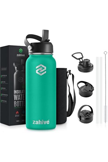 Generic Zahive Stainless Steel Water Bottle 1L with 3 Lids & Bag - Insulated Water Bottle with Straw - 1000m