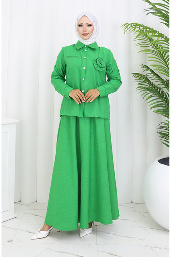 sefamerve Rose Detailed Shirt Skirt Double Set 2088-06 Green
