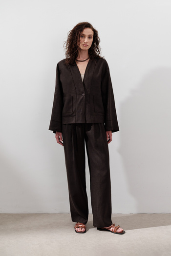 Manuka Linen Single Button Bluz Aci Brown