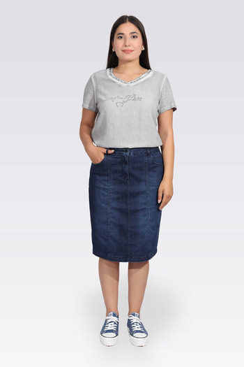 TOLGA SARAÇOĞLU 20040 Dark Blue Midi Length Denim Skirt