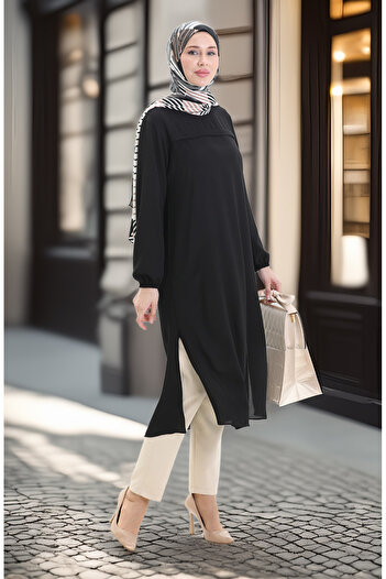 sefamerve Side Slit Long Tunic 4104-05 Black