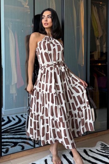 Ded COLLECTION Rochie de vară din viscoză pentru femei, cu curea de frânghie, cu detaliu de legare, cu volane