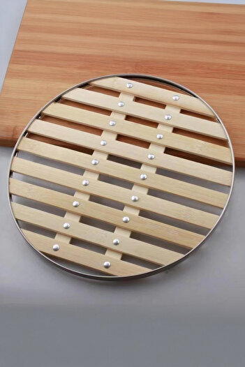 Fesya Home Bamboo Round Tray with Metal Decoration