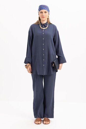 ALLDAY Indigo-Stitch Detailed Muslin Trousers Suit